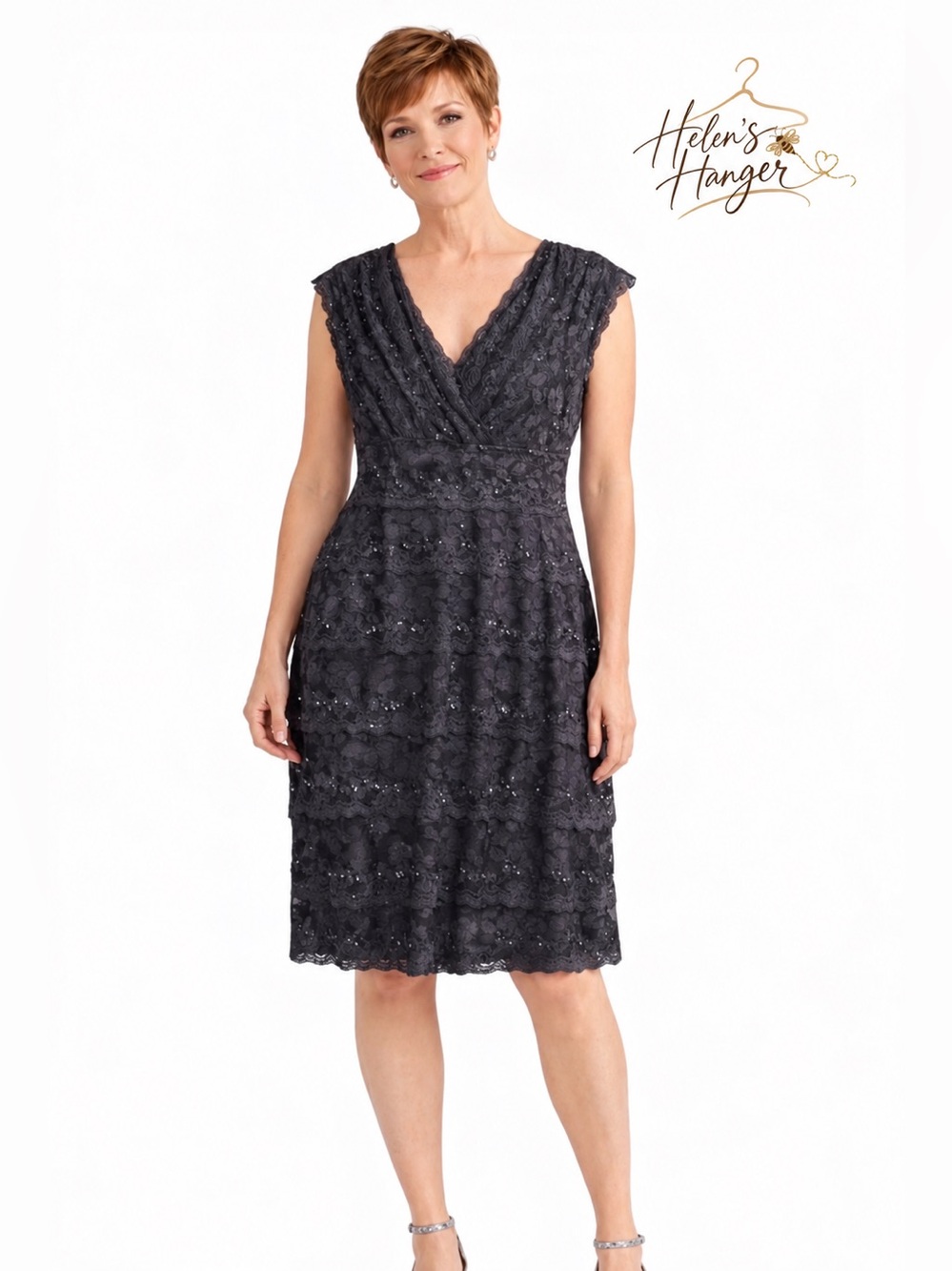 Marina Charcoal Gray Metallic Lace Sequin V-Neck Cocktail Dress 12